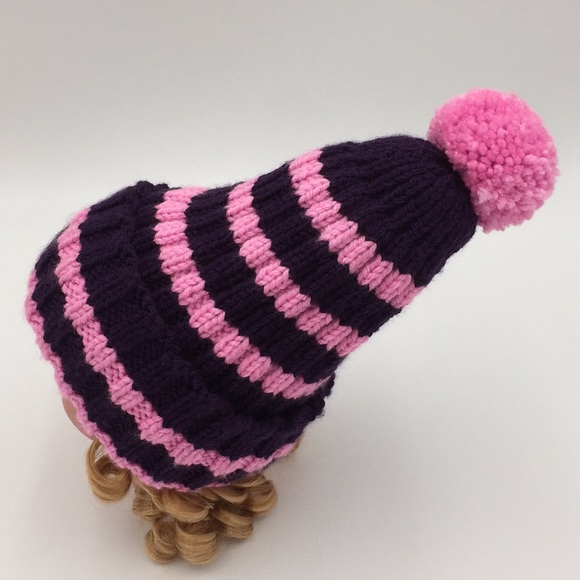Hand Knit Girls Winter Hat + Pair of Mittens Purple & Pink Stripe - Picture 9 of 10